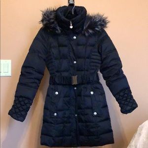 Long Quilted Winter Trench Coat with Faux Fur Hood